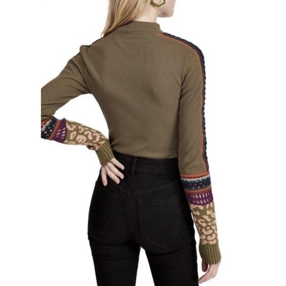 Free People Sweater Womens Small Green Knit Mock Neck Leopard Sleeve Boho - Picture 5 of 14